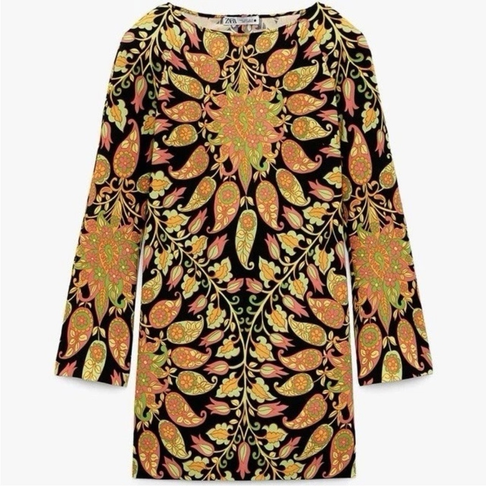 Zara Women's Mini Dress Size XS Printed Long Sleeves Multicolor Stretch NWT